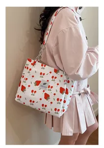 Stylish strawberry cherry print canvas shoulder tote bag, casual large capacity women handbag.