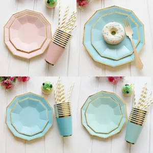 Ensemble de Vaisselle de Fête Jetable Décagonale Couleur Unie Bordure Dorée Assiettes en Papier Gobelets et Paille pour Célébration d'Anniversaire