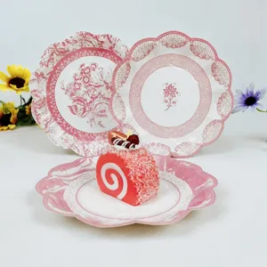 Vintage Pink Floral Paper Plates Scalloped Edge Disposable Dinnerware For Wedding Party Tableware Decoration