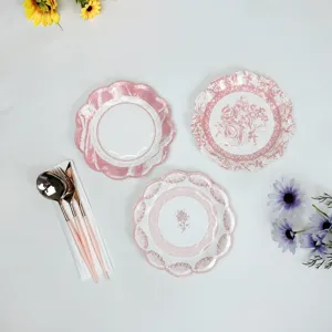 Pink disposable paper plates and cutlery set retro floral wedding party tableware 17.5cm
