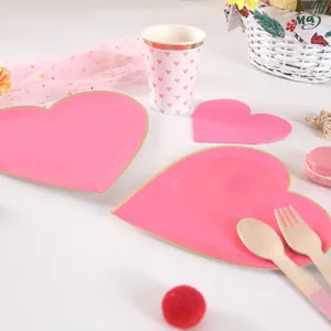 Pink heart disposable paper plates party tableware set for wedding and birthday celebration