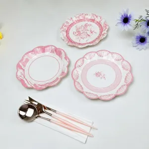 Pink vintage floral paper plates and disposable tableware sets for wedding parties.