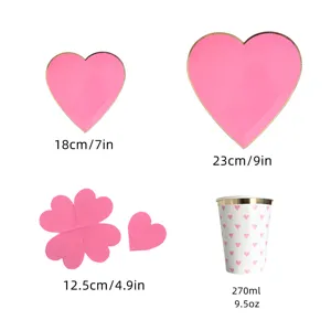 Pink heart disposable paper plate party tableware set, including plates, cups and napkins.