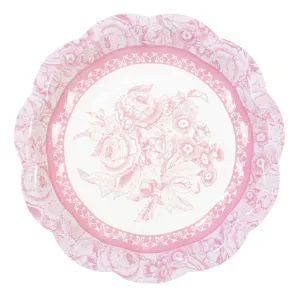 Pink floral disposable paper plates, 17.5cm vintage scalloped edge party tableware.