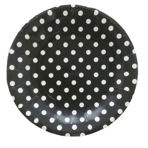 9-Inch Black Polka Dot Disposable Paper Plates for Birthday Party Cake Dinner Tableware