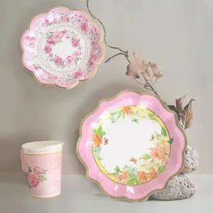 Frühlings-Tee-Party Geschirr Set, rosa Blumen Pappteller und Becher mit Henkel für Geburtstag.