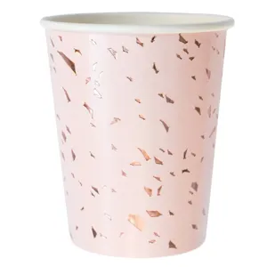 Pink disposable paper cup with metallic copper foil confetti design for party birthdays.