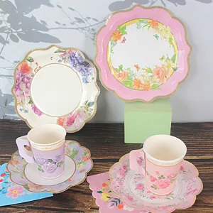 Frühling Tee Party Geschirr Set mit bunten Blumen Pappteller und Tassen für Geburtstage.
