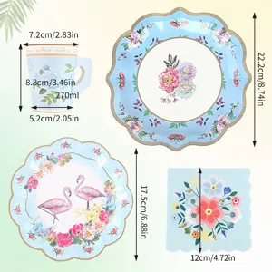 Blumen Flamingo Papiertischwaesche Set mit Teller, Bechern und Servietten fuer Partys.