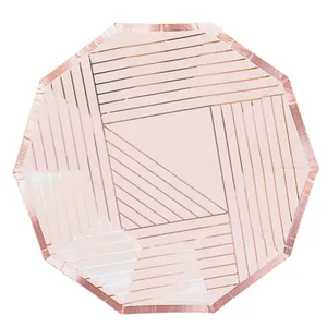 Rose gold geometric paper plates, elegant disposable tableware for birthday parties and events.