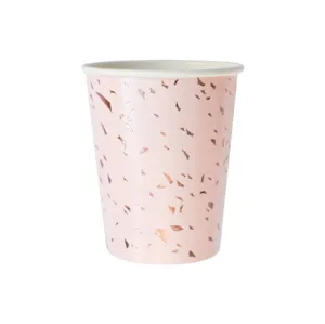 Pink paper cups with rose gold confetti pattern, disposable party cups for birthday and events.