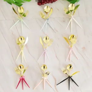 Gold Plated Plastic Cutlery Set Kids Small Fork Spoon Knife With Paper Napkin Party Dining Tableware