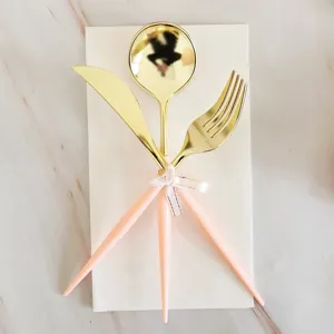 Gold and pink plastic cutlery set with knife fork spoon and ribbon for party decor 3pcs