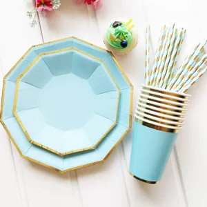Light blue gold rim paper plate cup straw set detail view for birthday party table decoration.