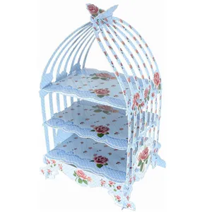 Blue 3-Tier Paper Birdcage Cupcake Stand with Rose Pattern for Birthday Parties