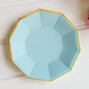 Light blue decagon disposable paper plate with gold rim for party and birthday decoration.