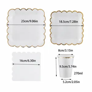 Wegwerp goudrand papieren borden en bekers feest servies set afmetingen specificatie grafiek
