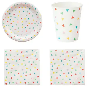 Colorful triangle disposable paper party tableware set including plates, cups and napkins.