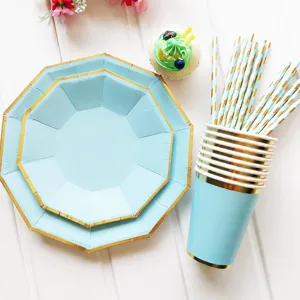 Blue Gold Foil Decagon Disposable Paper Plates Cups And Straws Set For Birthday Party Tableware