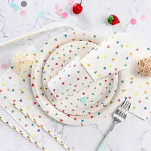 Disposable Paper Plates Cups Napkins Straws Colorful Triangle Pattern Tableware Set For Party Birthday Picnic