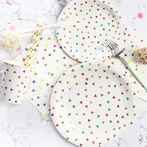 Colorful triangle party tableware set disposable paper plates cups napkins for celebration