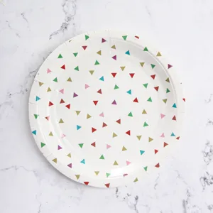 Colorful triangle disposable paper plate for party tableware and event celebration use.
