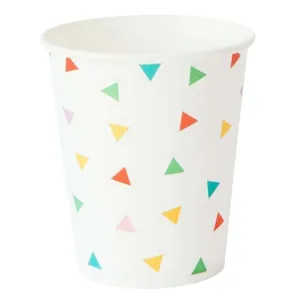 Disposable paper cups with colorful triangle patterns, perfect for party tableware events.