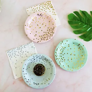 Disposable paper plates set, pink blue green polka dot party plates and napkins for birthday wedding.