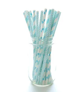 Blue and white paper straws detail view, perfect for party supplies, eco-friendly design.