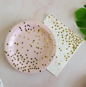 Pink gold polka dot disposable paper plates and napkins set for party tableware decoration.