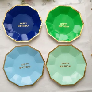 Kindergeburtstag Party Einweg Pappteller mit Goldrand, achteckiges Design, bunt sortiert.