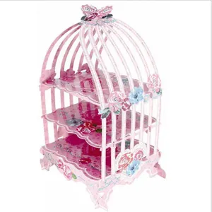 Pink 3-tier paper birdcage cupcake stand decorative dessert display tray for party supplies