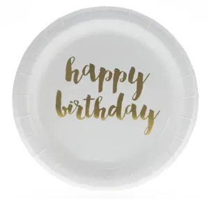 Weißer Pappteller mit goldenem Happy Birthday Text für Party Feiern und Geburtstage.