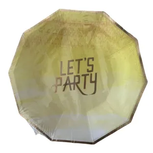 Piatti di carta decagonali usa e getta con stampa dorata lets party per feste compleanno.