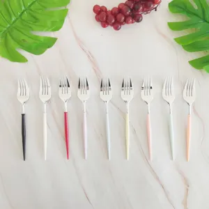 Colorful plastic handle stainless steel forks set for kitchen dining and picnic tableware