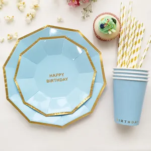 Blaues Gold Einweg Pappteller Becher Set für Kinder Geburtstag Party Deko Zubehör