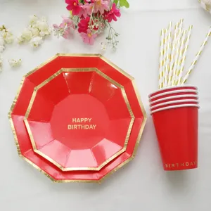 Rot Gold Folie Geburtstag Pappteller Becher Strohhalme Party Geschirr Set fuer Kinder