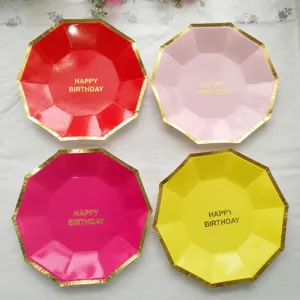 Einweg Pappteller für Kinder Geburtstag Party, goldene Ränder, buntes Design 4er Set.