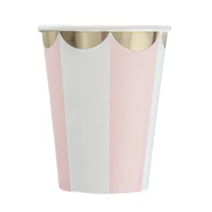 Pink and white striped disposable paper cup with gold foil scalloped rim, main product view.