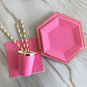 Piatti di Carta Monouso Fucsia Foglia d'Oro Set di Stoviglie per Picnic Festa di Compleanno