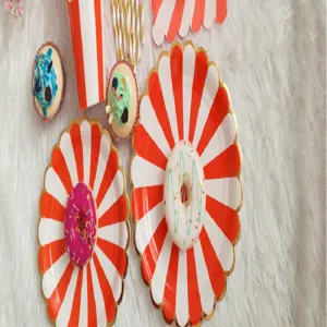 Orange striped paper plates cups set for party afternoon tea cake tableware decor