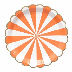 Orange and white striped paper plate detail view, 23cm party tableware cake dessert dish.