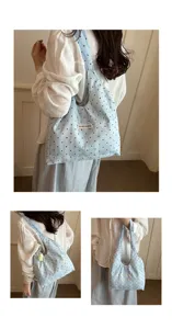 Korean lazy style blue polka dot lace vest tote bag, casual shoulder underarm bag detail.