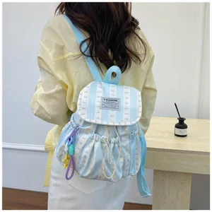 Fresh striped fashion backpack with bow pattern, ideal casual school bag for daily commute.