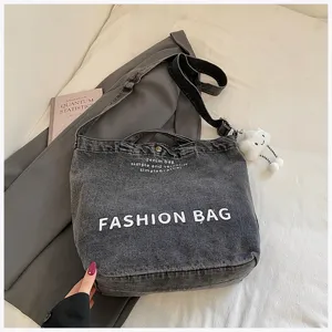 Vintage dark grey denim shoulder bag for women, large capacity casual tote crossbody bag.
