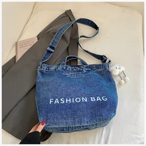 Vintage denim canvas shoulder bag large capacity casual crossbody tote bag for students.