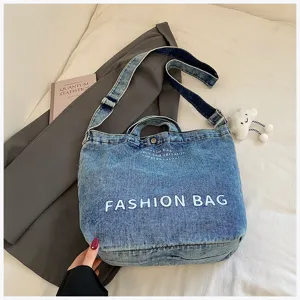 Vintage denim canvas shoulder bag large capacity casual tote bag for women daily student use