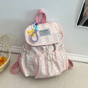 Pink and white striped backpack for women, cute bow design casual school daypack bag