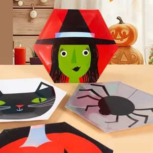 Halloween disposable paper plates witch black cat spider pumpkin party tableware decor