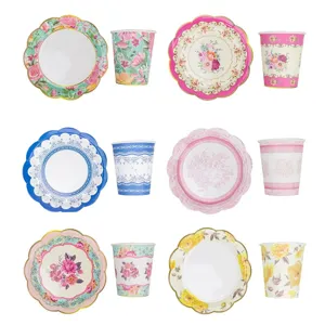 Vintage floral disposable paper plates and cups set, 17.5cm lace party tableware for wedding.